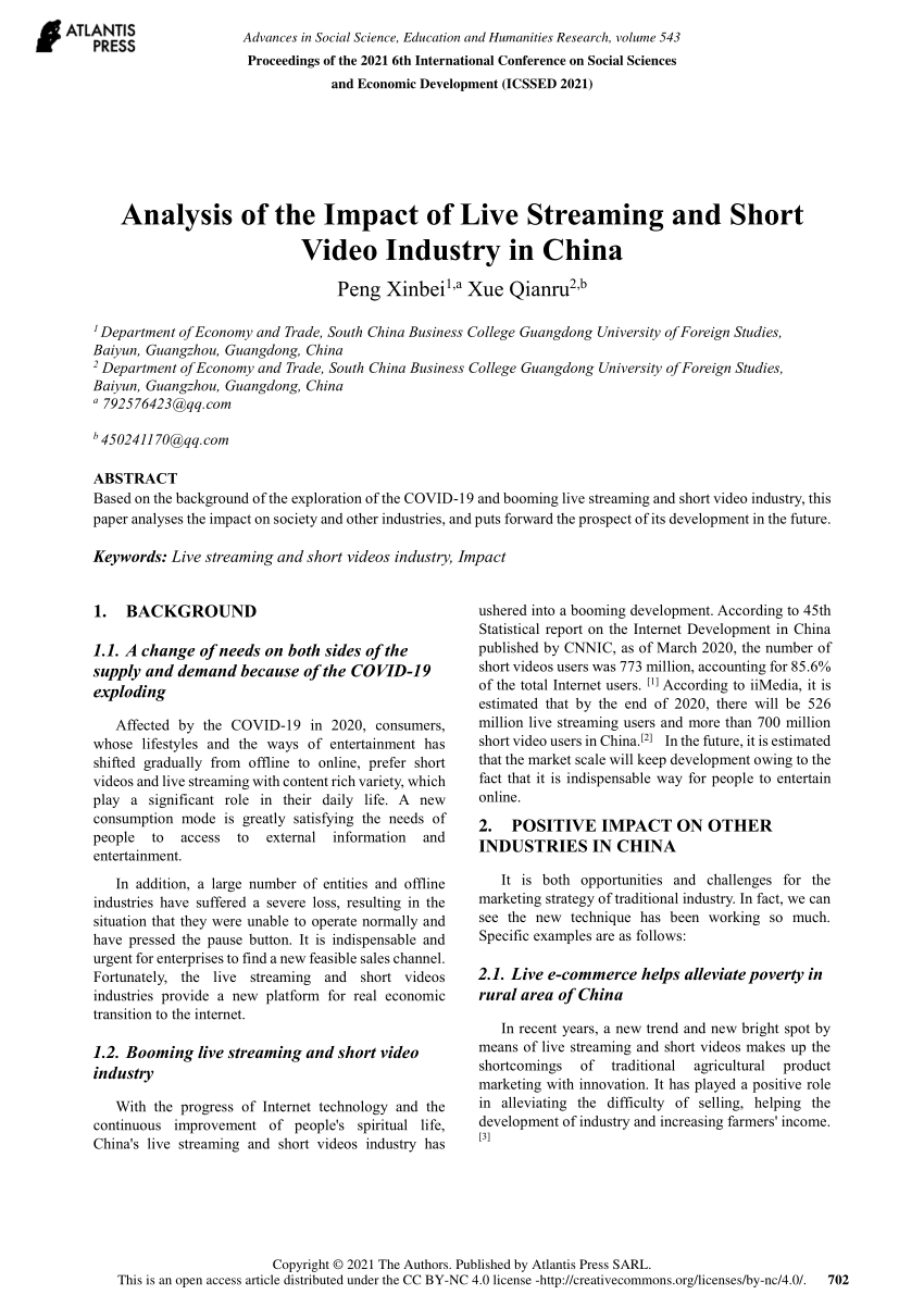 PDF) Analysis of the Impact of Live Streaming and Short Video Industry in China