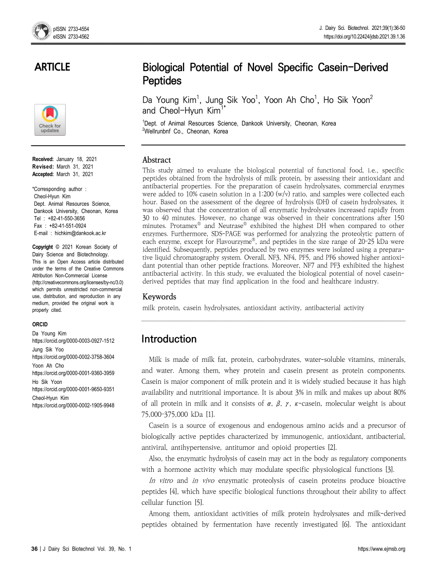 Pdf Biological Potential Of Novel Specific Casein Derived Peptides