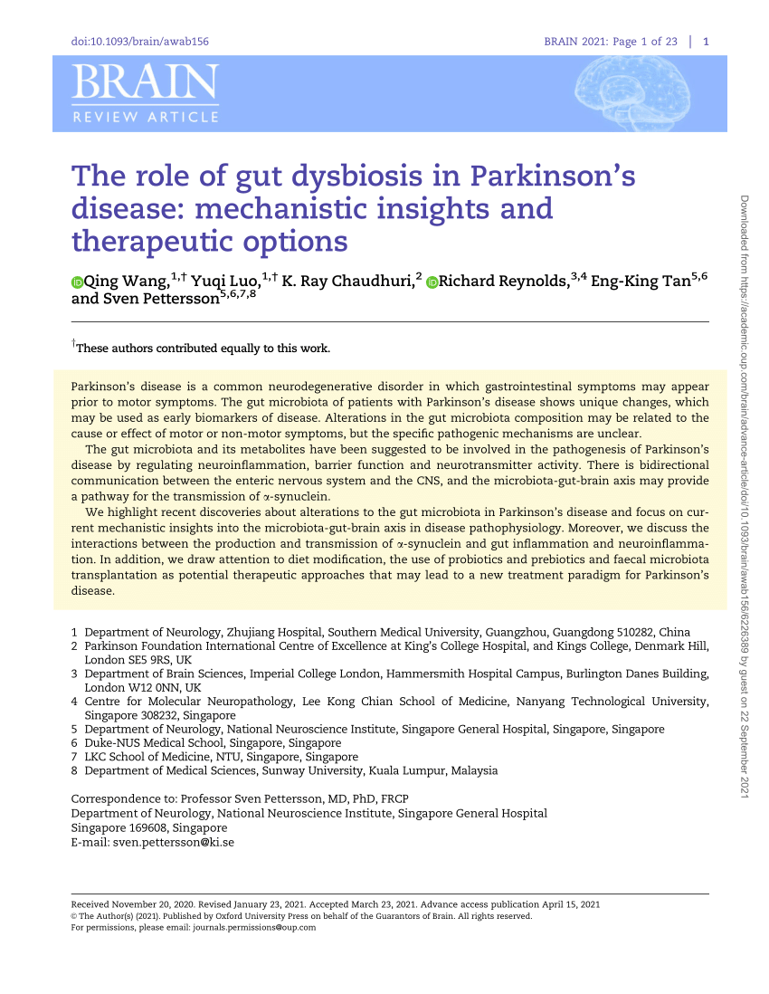 PDF) The role of gut dysbiosis in Parkinson's disease: Mechanistic 