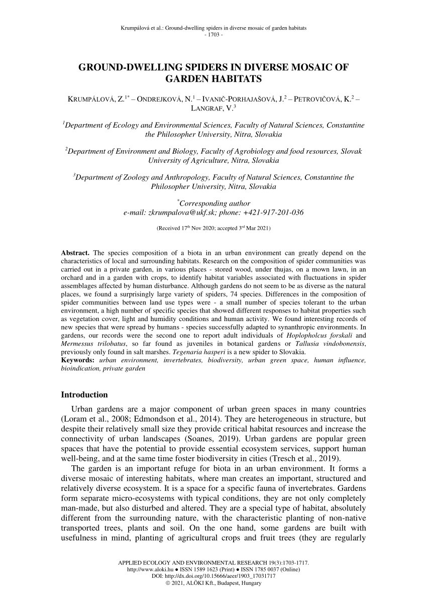 (PDF) GROUND-DWELLING SPIDERS IN DIVERSE MOSAIC OF GARDEN HABITATS