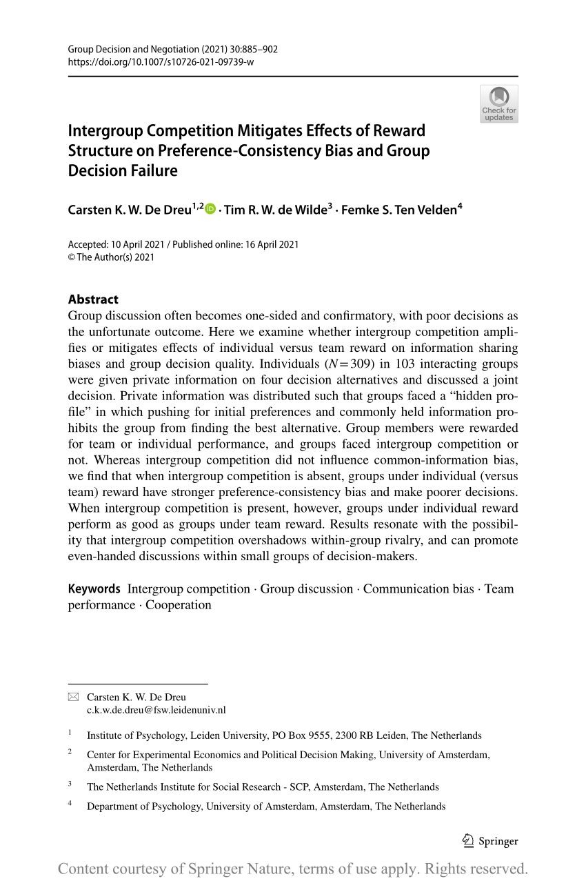 Pdf Intergroup Competition Mitigates Effects Of Reward Structure On Preference Consistency Bias And Group Decision Failure