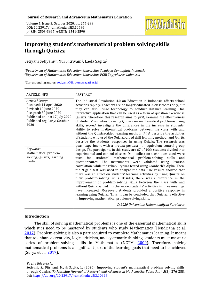 Pdf Improving Student S Mathematical Problem Solving Skills Through Quizizz