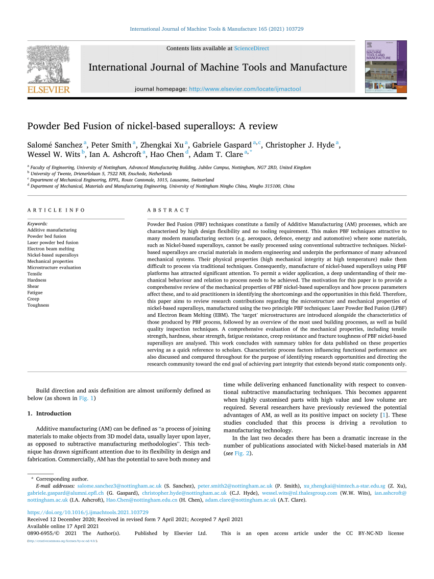 PDF) Powder Bed Fusion of nickel-based superalloys: A review