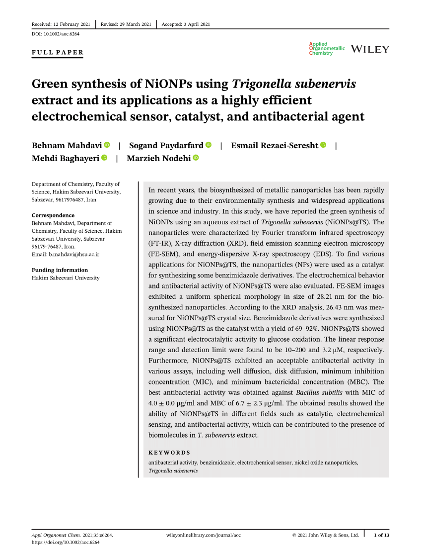 Green synthesis of NiONPs using Trigonella subenervis extract and its ...