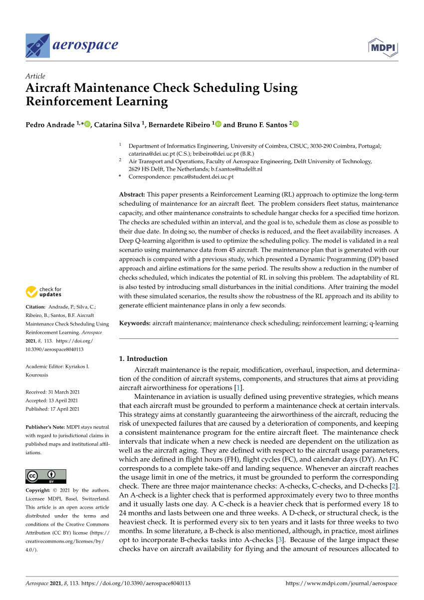 Pdf Aircraft Maintenance Check Scheduling Using Reinforcement Learning
