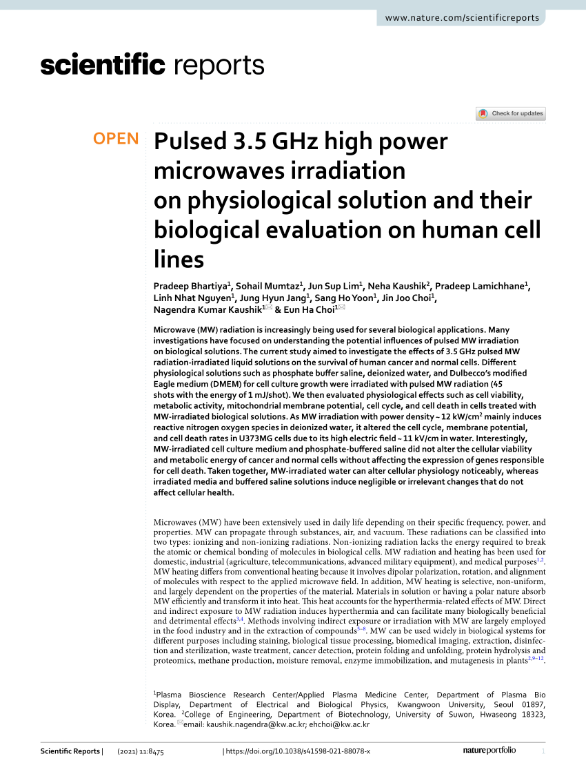 Pdf Pulsed 3 5 Ghz High Power Microwaves Irradiation On Physiological Solution And Their Biological Evaluation On Human Cell Lines