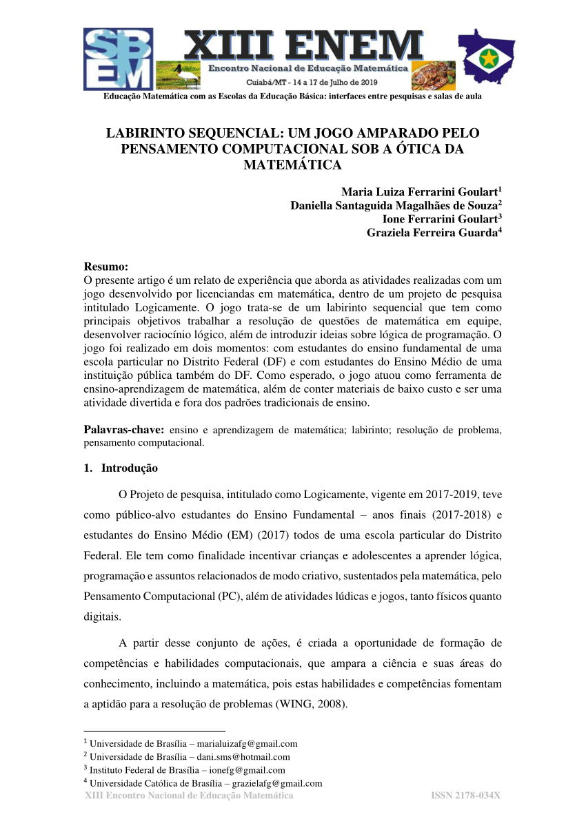 PDF) LABIRINTO SEQUENCIAL: UM JOGO AMPARADO PELO PENSAMENTO COMPUTACIONAL  SOB A ÓTICA DA MATEMÁTICA