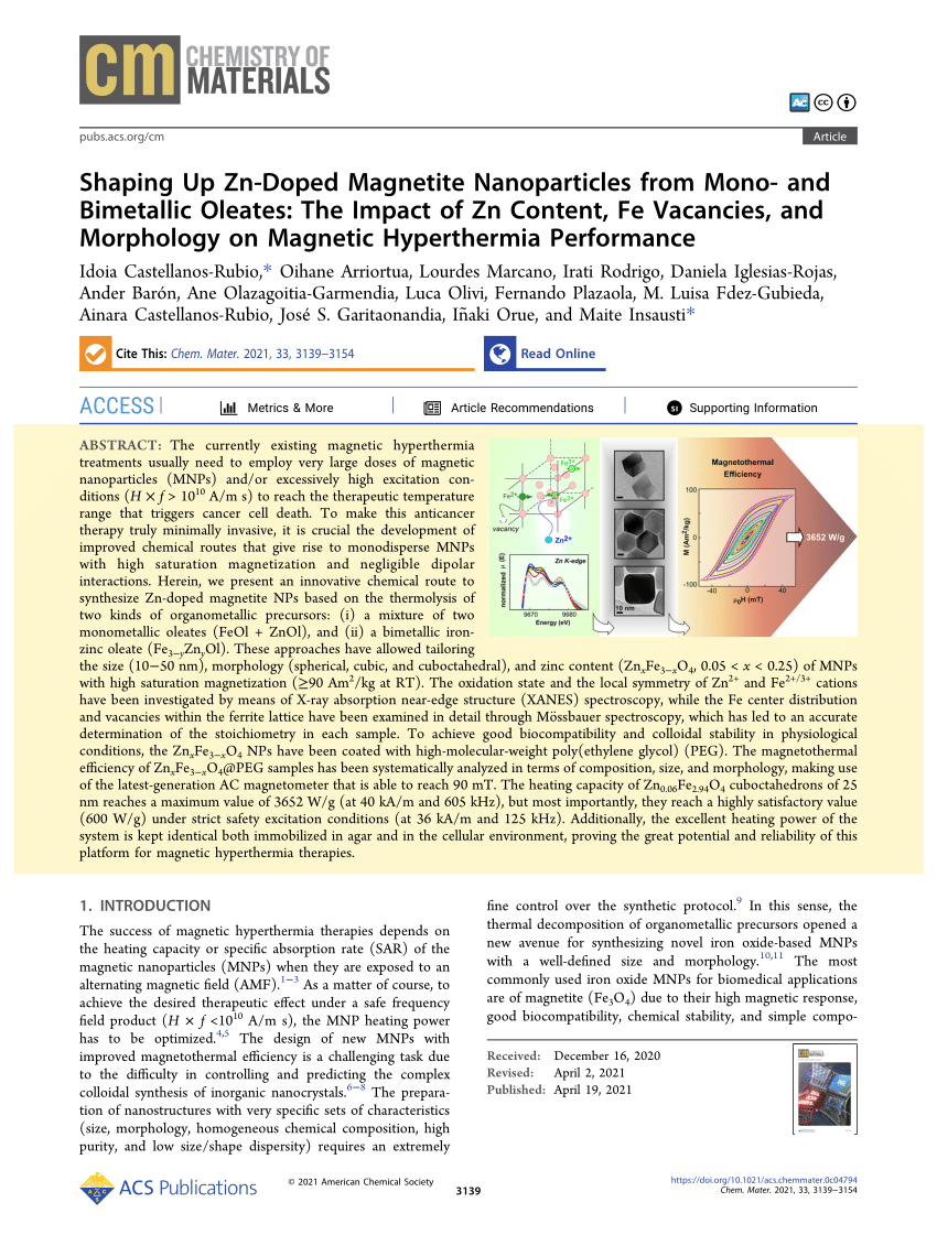 Shaping Up Zn-Doped Magnetite Nanoparticles from Mono- and Bimetallic  Oleates: The Impact of Zn Content, Fe Vacancies, and Morphology on Magnetic  Hyperthermia Performance