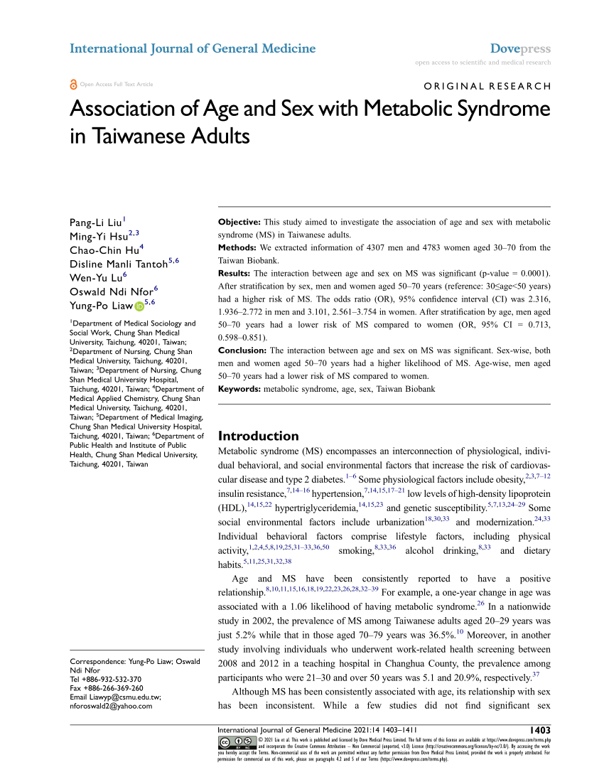 PDF) Association of Age and Sex with Metabolic Syndrome in Taiwanese Adults