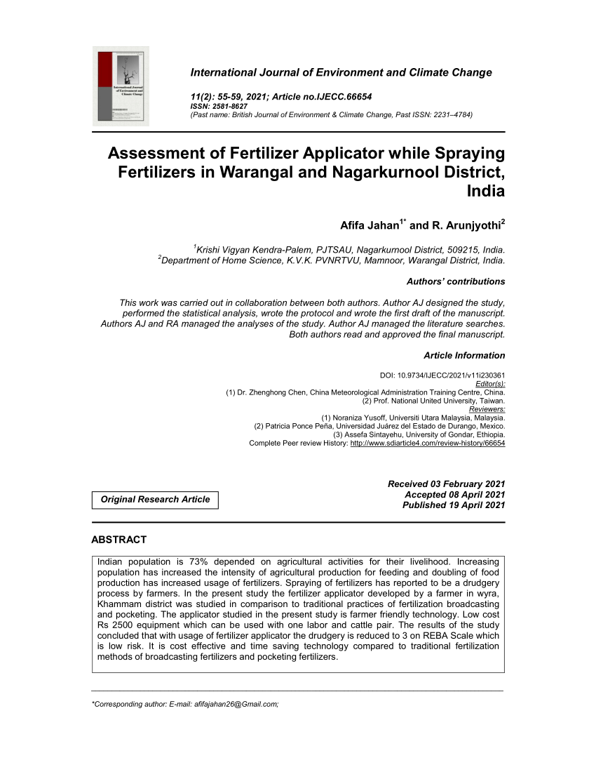 Pdf Assessment Of Fertilizer Applicator While Spraying Fertilizers In Warangal And 2740