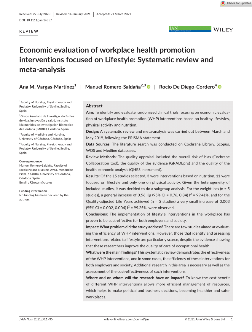 Pdf Economic Evaluation Of Workplace Health Promotion Interventions Focused On Lifestyle 