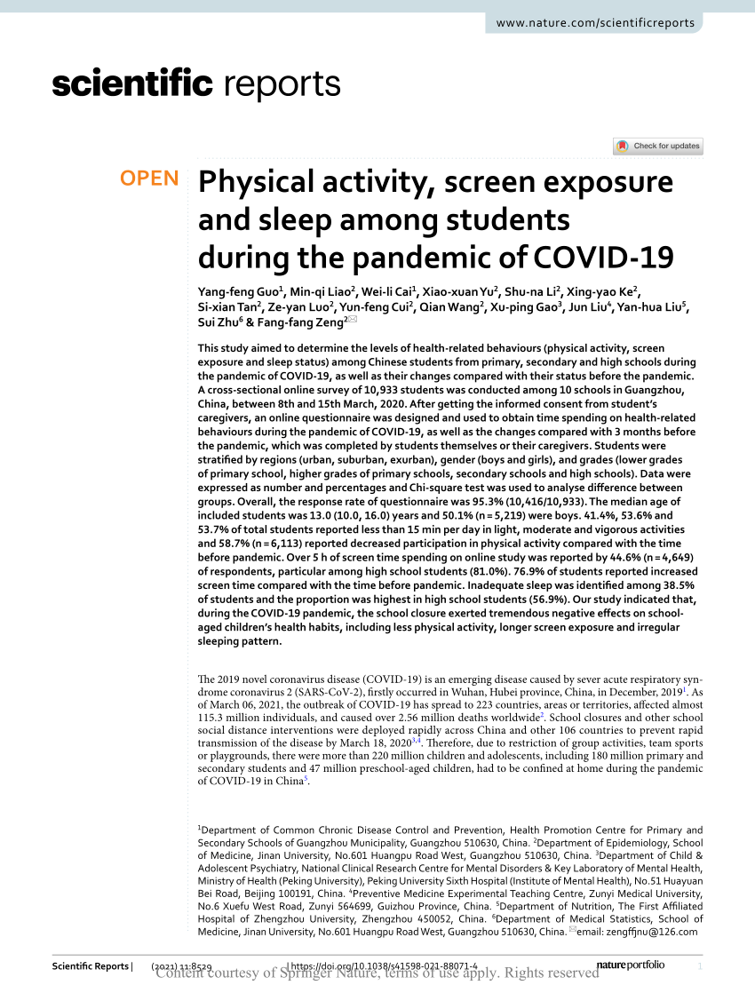 Pdf Physical Activity Screen Exposure And Sleep Among Students During The Pandemic Of Covid 19