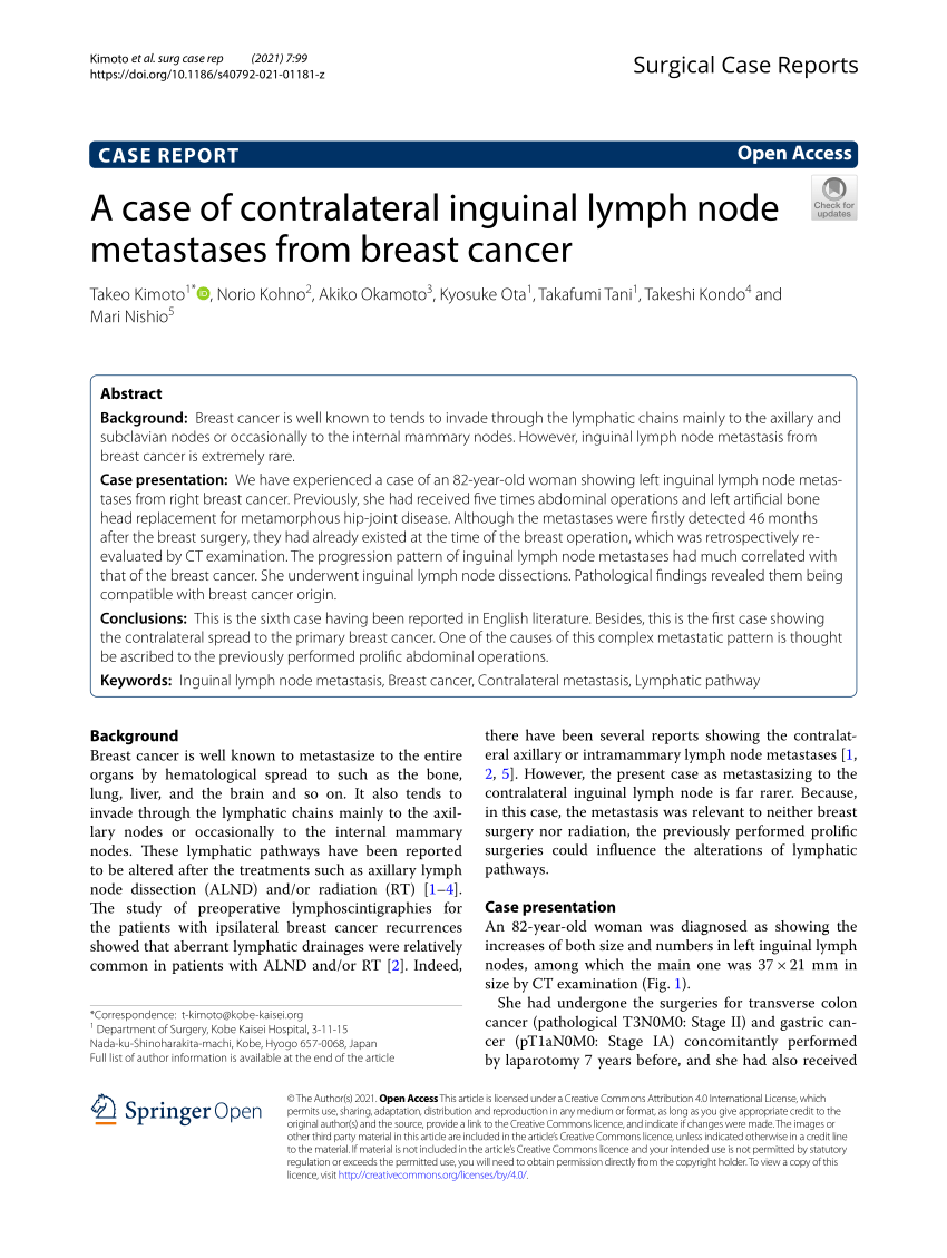 Pdf A Case Of Contralateral Inguinal Lymph Node Metastases From Breast Cancer 