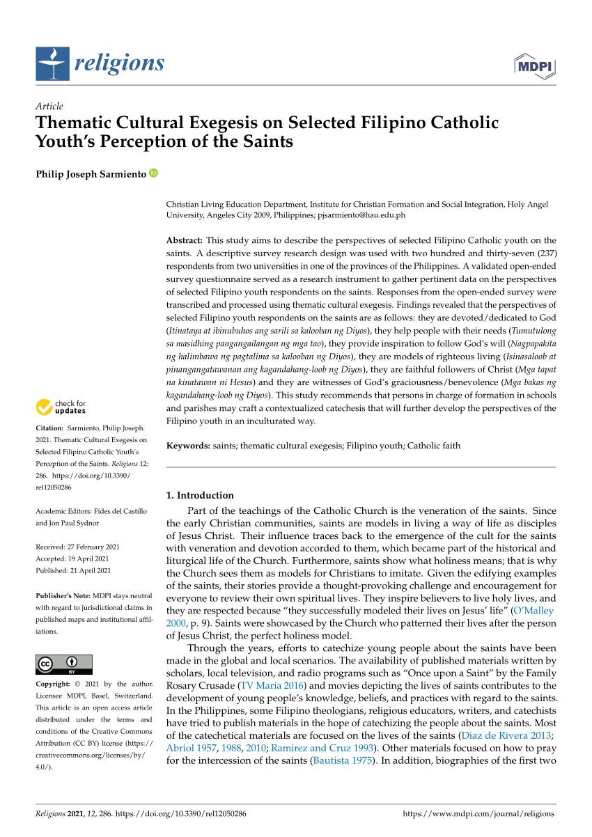 Pdf Thematic Cultural Exegesis On Selected Filipino Catholic Youth S Perception Of The Saints