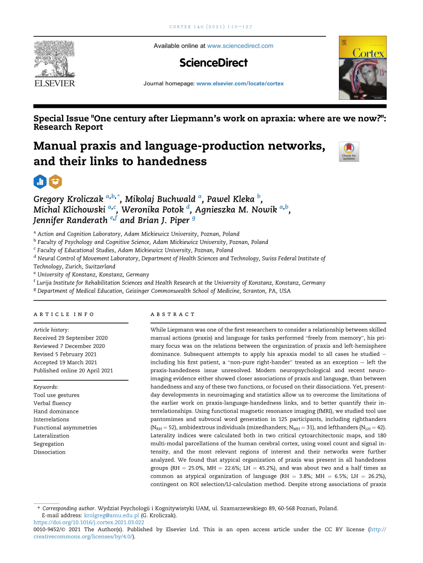 Manual praxis and language-production networks, and their links to  handedness - ScienceDirect