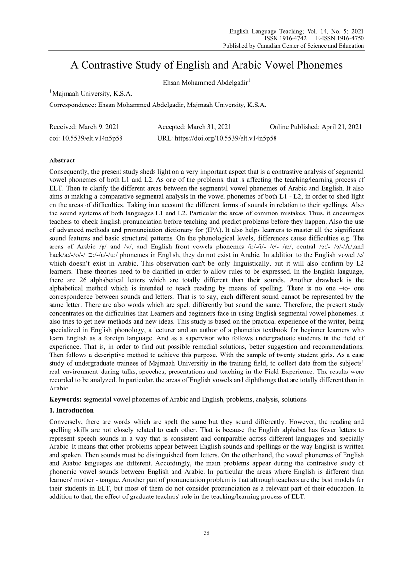 Pdf A Contrastive Study Of English And Arabic Vowel Phonemes