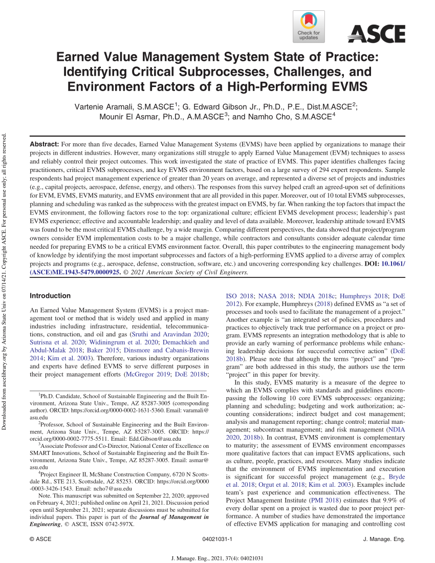 PDF) Earned Value Management System (EVMS) State of Practice: Identifying  Critical Subprocesses , Challenges and Environment Factors of a  High-Performing EVMS