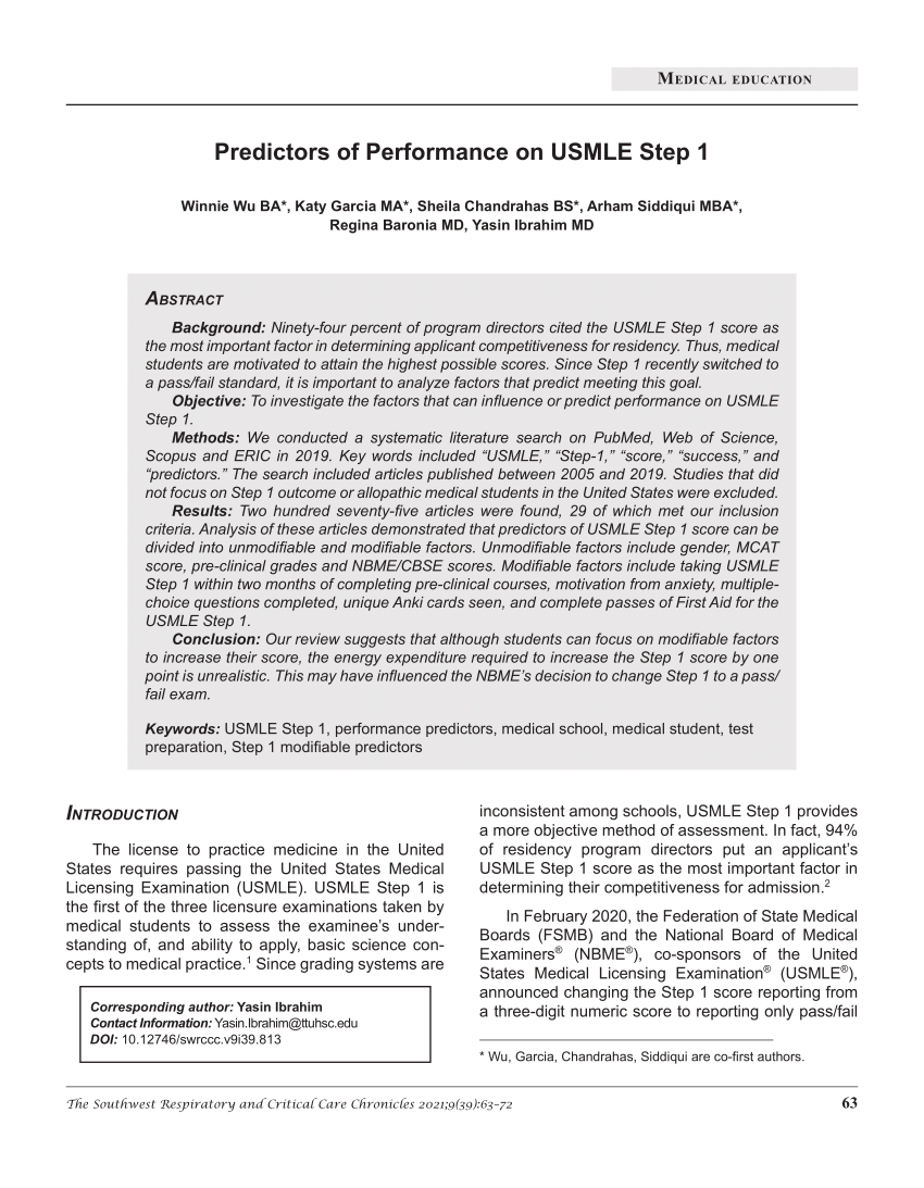 Pdf Predictors Of Performance On Usmle Step 1