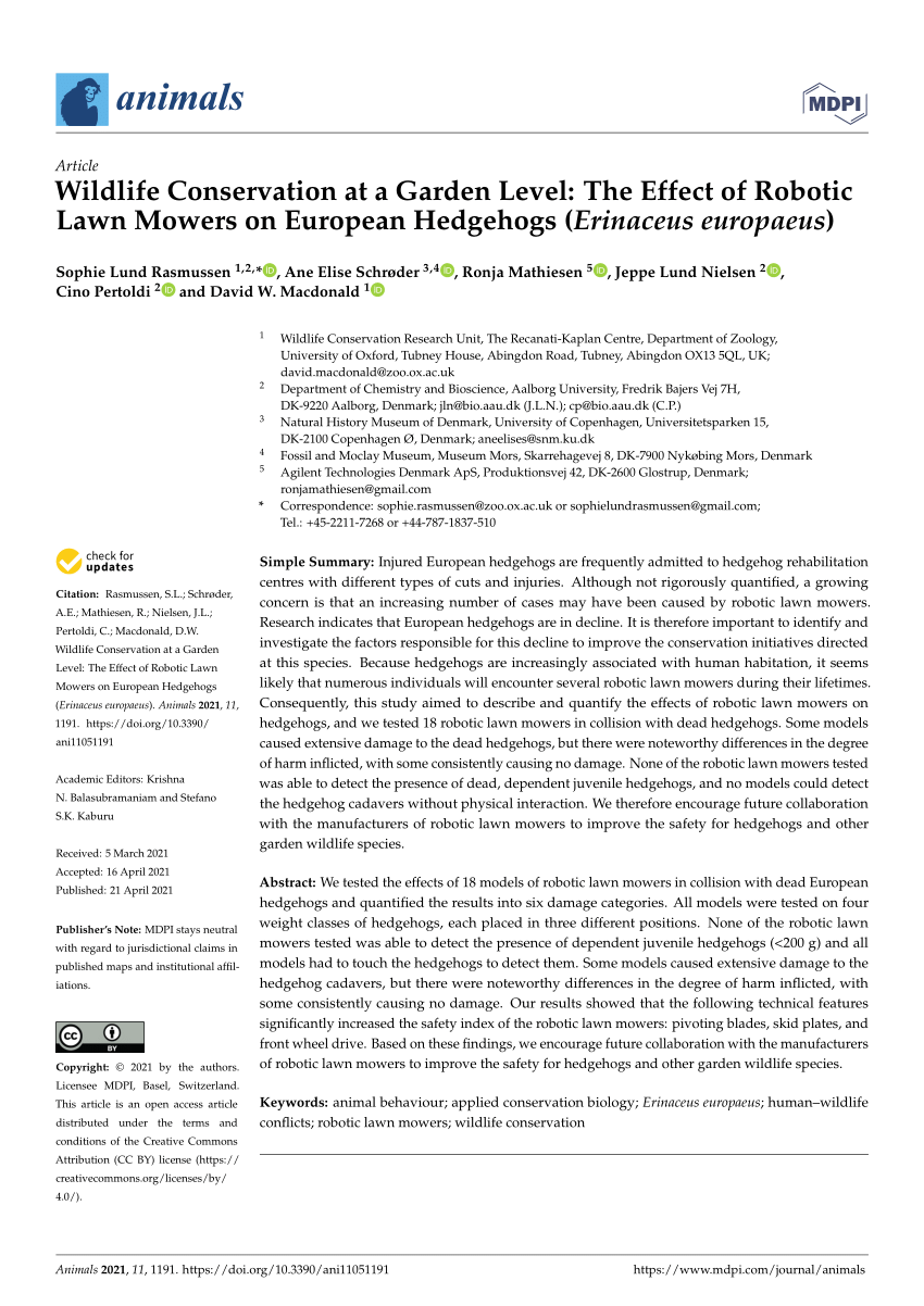 PDF) Conservation at a Garden Level: The Effect of Robotic Mowers on European Hedgehogs (Erinaceus europaeus)