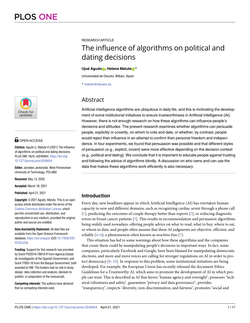 Pdf The Influence Of Algorithms On Political And Dating Decisions