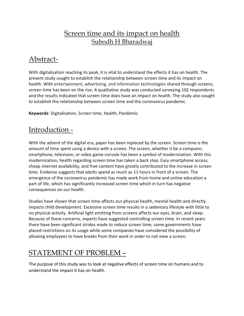 (PDF) Screen time and its impact on health