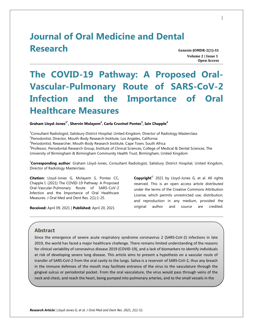 Pdf The Covid-19 Pathway A Proposed Oral-vascular-pulmonary Route Of Sars-cov-2 Infection And The Importance Of Oral Healthcare Measures