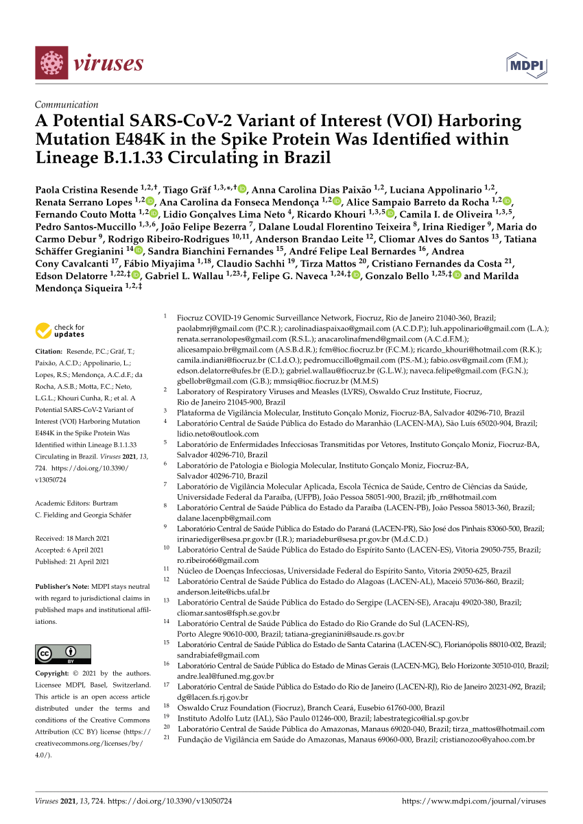 Pdf A Potential Sars Cov 2 Variant Of Interest Voi Harboring Mutation E484k In The Spike Protein Was Identified Within Lineage B 1 1 33 Circulating In Brazil