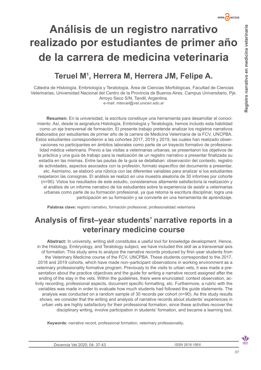 PDF) Análisis de un registro narrativo realizado por estudiantes de primer  año de la carrera de medicina veterinaria