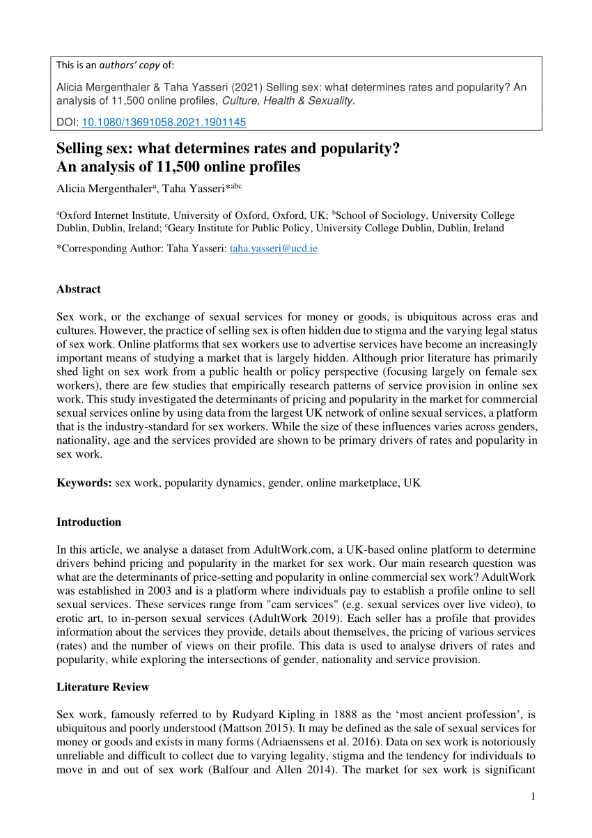PDF) Selling sex what determines rates and popularity? An analysis of 11,500 online profiles