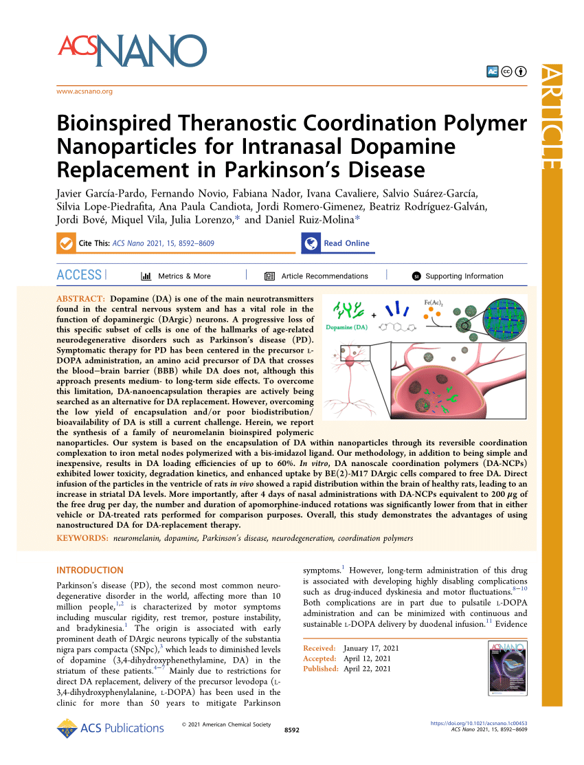 Bioinspired Theranostic Coordination Polymer Nanoparticles for Intranasal  Dopamine Replacement in Parkinson's Disease