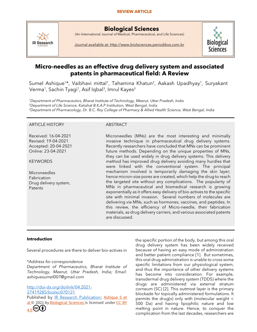 (PDF) Micro-needles as an effective drug delivery system and associated ...