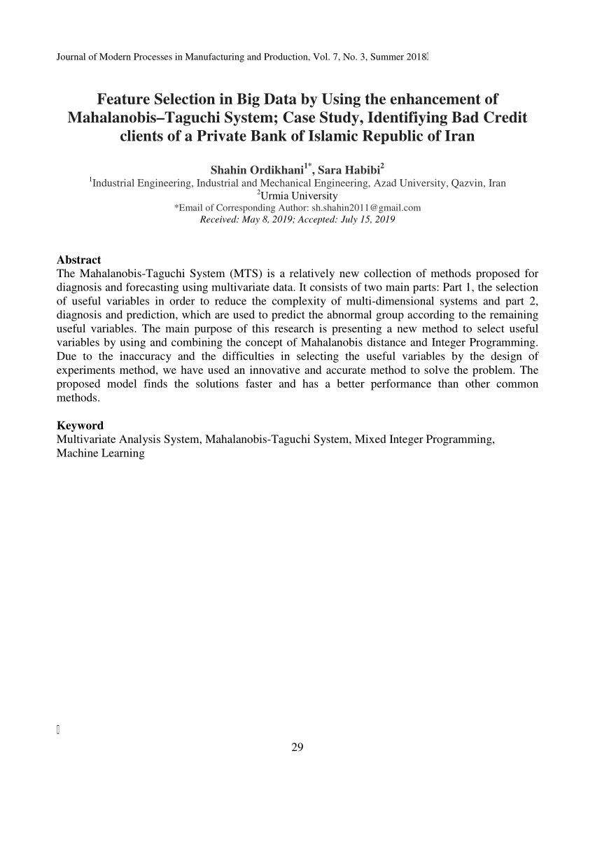 Pdf Feature Selection In Big Data By Using The Enhancement Of Mahalanobis Taguchi System Case 0139