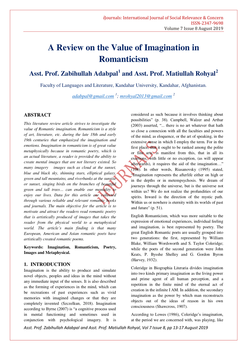 Pdf A Review On The Value Of Imagination In Romanticism