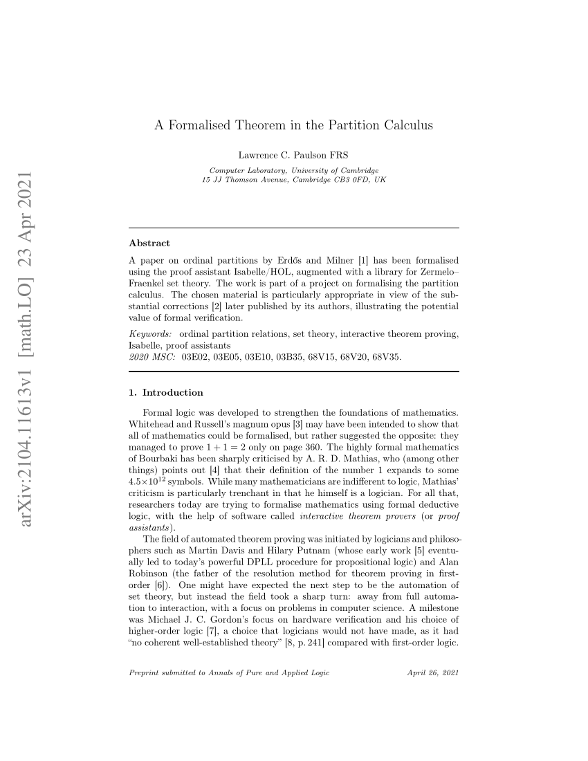 (PDF) A Formalised Theorem in the Partition Calculus