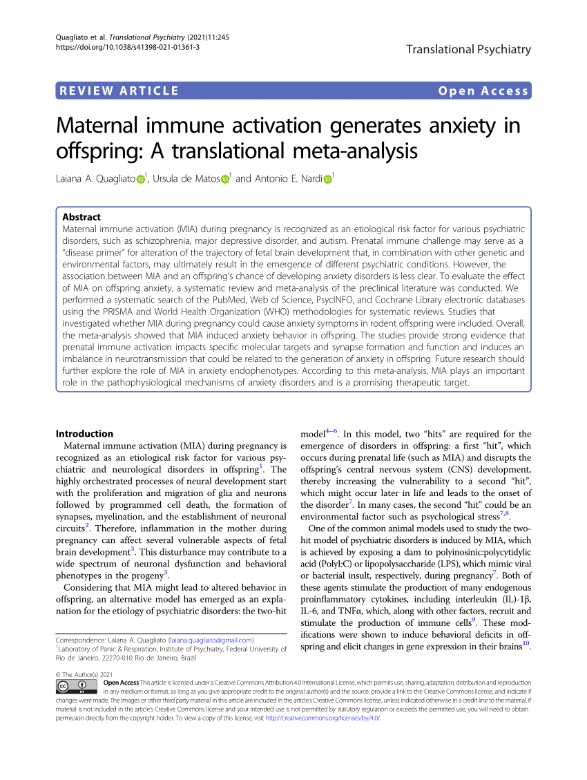 Pdf Maternal Immune Activation Generates Anxiety In Offspring A Translational Meta Analysis 9512