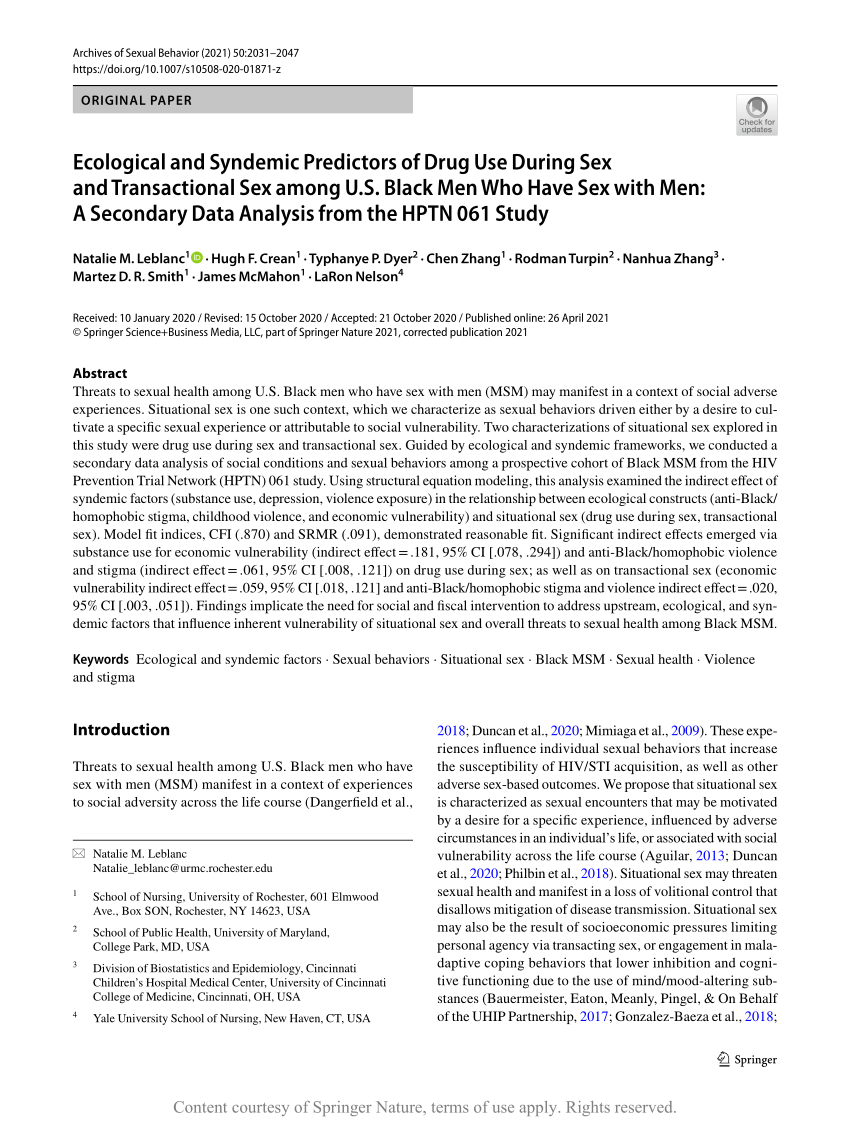 Ecological And Syndemic Predictors Of Drug Use During Sex And Transactional Sex Among Us Black