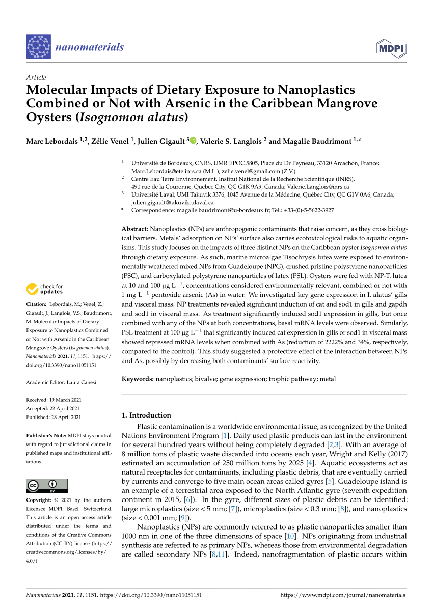 PDF) Molecular Impacts of Dietary Exposure to Nanoplastics Combined or Not  with Arsenic in the Caribbean Mangrove Oysters (Isognomon alatus)