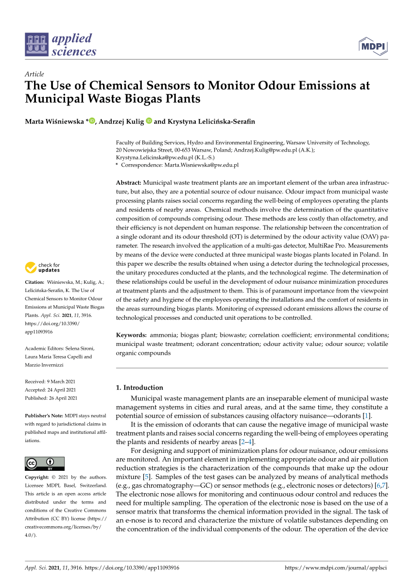 Pdf The Use Of Chemical Sensors To Monitor Odour Emissions At Municipal Waste Biogas Plants