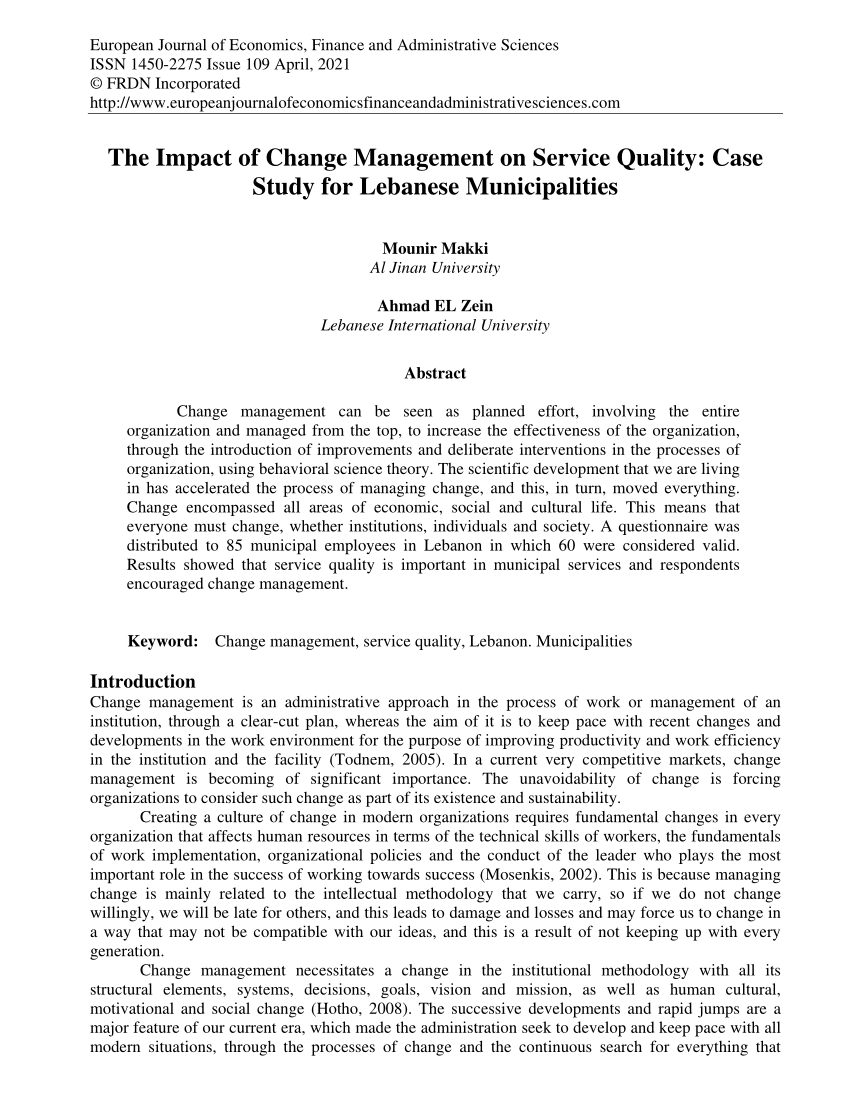 the impact of change management on service quality case study for lebanese municipalities