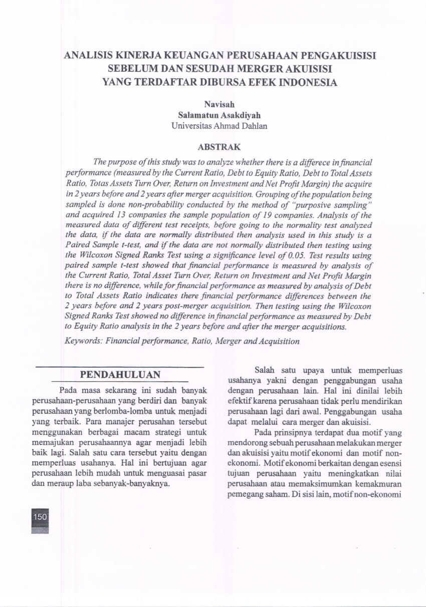 Pdf Analisis Kinerja Keuangan Perusahaan Pengakusisi Sebelum Dan Sesudah Merger Akuisisi Yang 6712