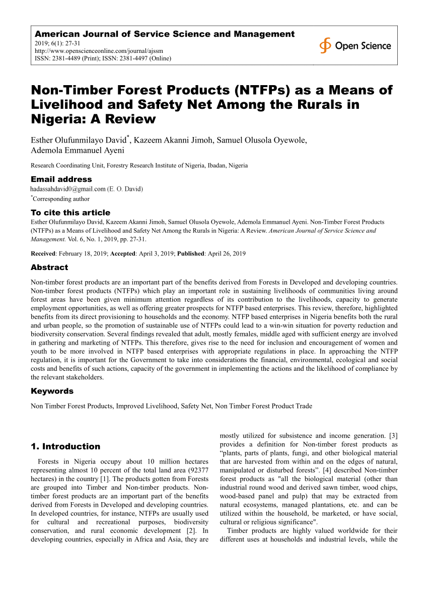 PDF) Non-Timber Forest Products (NTFPs) as a Means of Livelihood and Safety  Net Among the Rurals in Nigeria: A Review