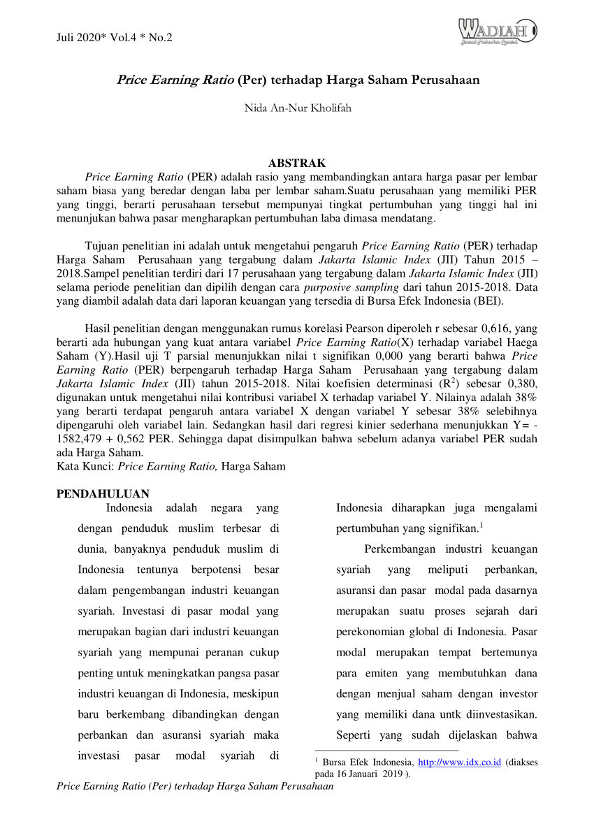 (PDF) Price Earning Ratio (Per) terhadap Harga Saham Perusahaan