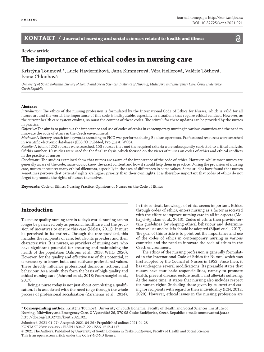 Pdf The Importance Of Ethical Codes In Nursing Care