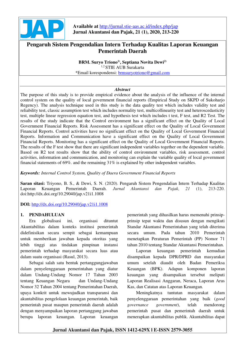(PDF) Pengaruh Sistem Pengendalian Intern Terhadap Kualitas Laporan