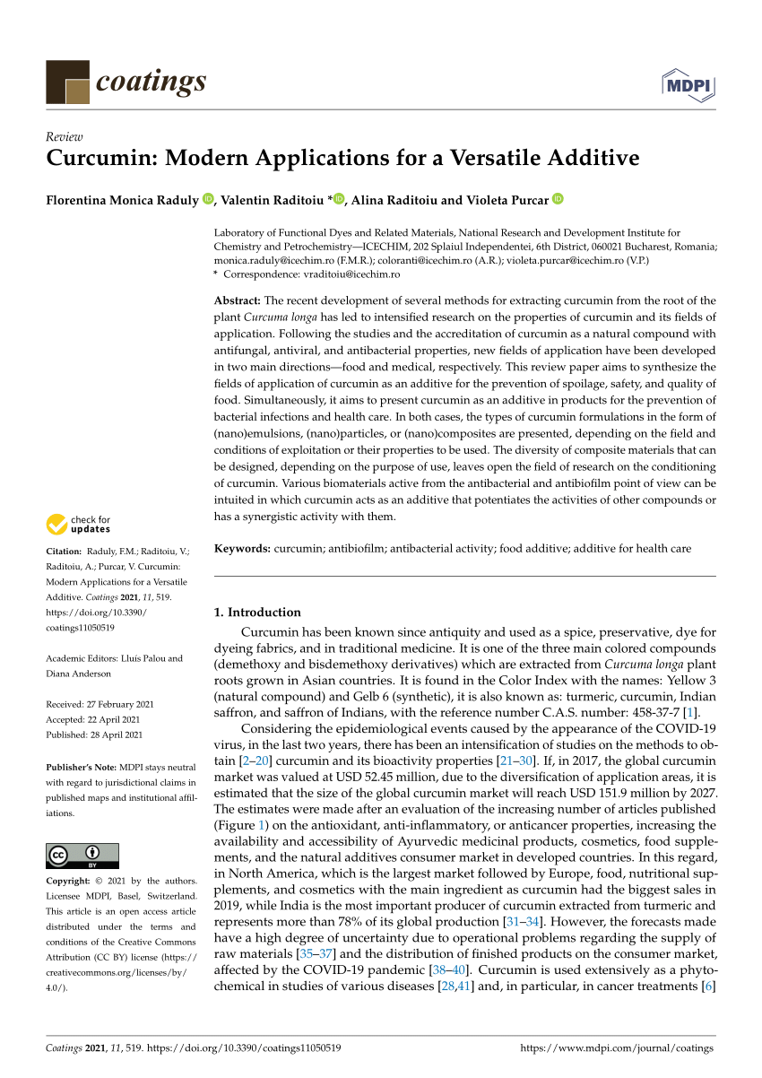 PDF) Curcumin: Modern Applications for a Versatile Additive