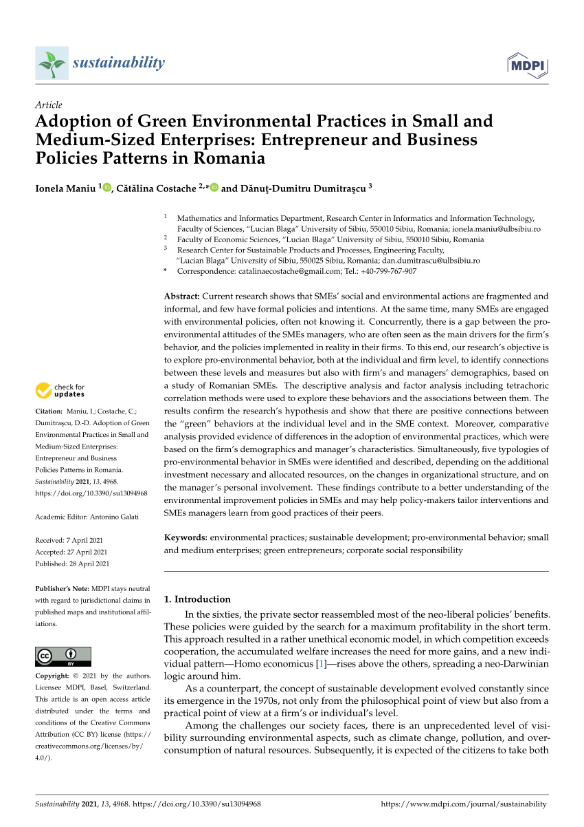 authority unlock Controversial PDF) Adoption of Green Environmental Practices in Small and Medium-Sized  Enterprises: Entrepreneur and Business Policies Patterns in Romania