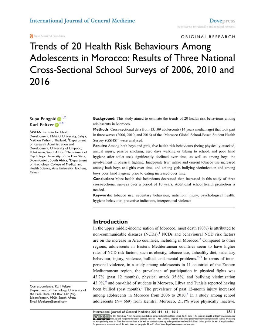 Pdf Trends Of 20 Health Risk Behaviours Among Adolescents In Morocco Results Of Three
