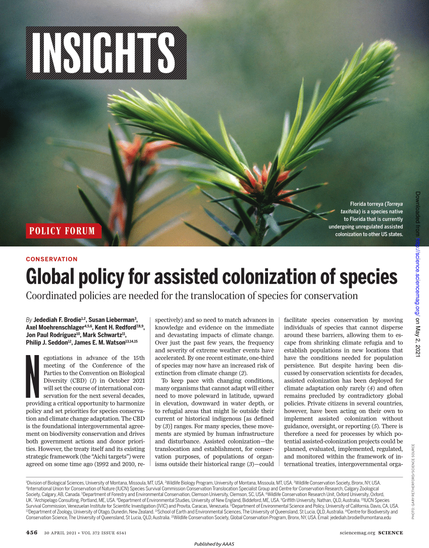 PDF Global policy for assisted colonization of species