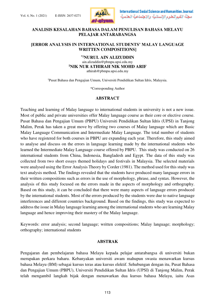 Pdf Analisis Kesalahan Bahasa Dalam Penulisan Bahasa Melayu Pelajar Antarabangsa Error Analysis In International Students Malay Language Written Compositions 1 Nurul Ain Alizuddin