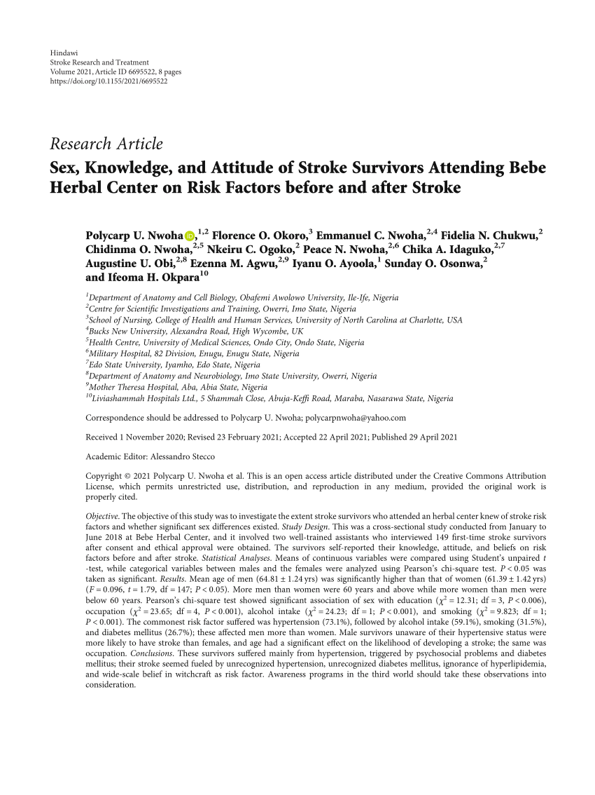 Pdf Sex Knowledge And Attitude Of Stroke Survivors Attending Bebe Herbal Center On Risk Factors Before And After Stroke